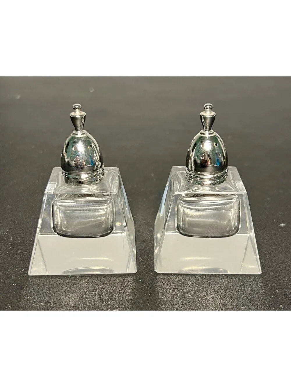 Raimond Japan 1960s Salt Pepper Shakers Square Crystal Silver Plated Lids, 2x3”